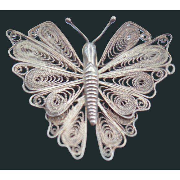 Butterfly Filigree Brooch Pin Silver Intricate Design Scroll Work Vintage - Picture 2 of 6
